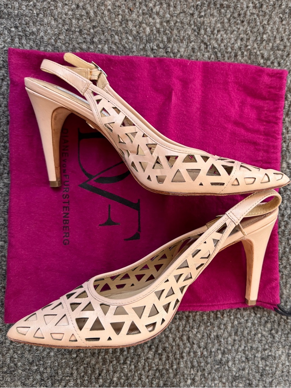 Diane von Furstenberg Nude Laser Cut Leather Slingback Heels 10M